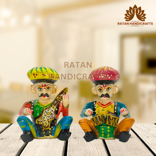 Antique Wooden Rajasthani Traditional Handmade Handicraft Sitting Musician Bawla Set of 6 Home Decor Figurines Decorative Gift Item Home 3" - Image 5