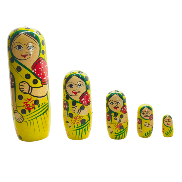 Handmade Indian Wooden Toys Nesting Doll Stacking Dolls Russian Matryoshka Doll Handicraft Items for Home Decor- Set of 5 Piece (Yellow)