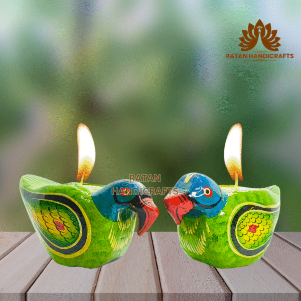 Ratan Handicrafts Wooden Tea Light Candle Holders Home Decorative Animals Shaped Diwali Diyas (Pack of 2) Bird  Green - Image 3