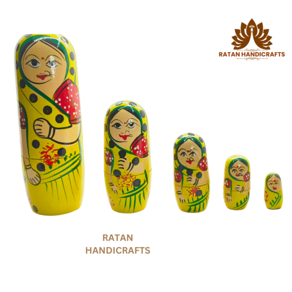 Handmade Indian Wooden Toys Nesting Doll Stacking Dolls Russian Matryoshka Doll Handicraft Items for Home Decor- Set of 5 Piece (Yellow) - Image 7
