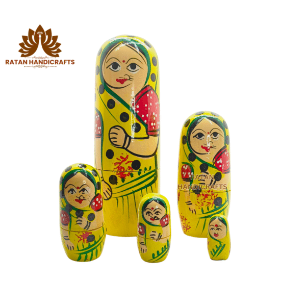 Handmade Indian Wooden Toys Nesting Doll Stacking Dolls Russian Matryoshka Doll Handicraft Items for Home Decor- Set of 5 Piece (Yellow) - Image 6