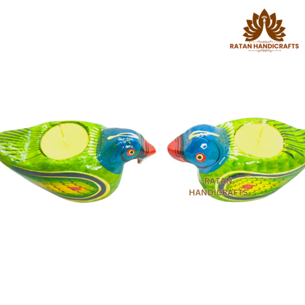 Ratan Handicrafts Wooden Tea Light Candle Holders Home Decorative Animals Shaped Diwali Diyas (Pack of 2) Bird  Green - Image 5