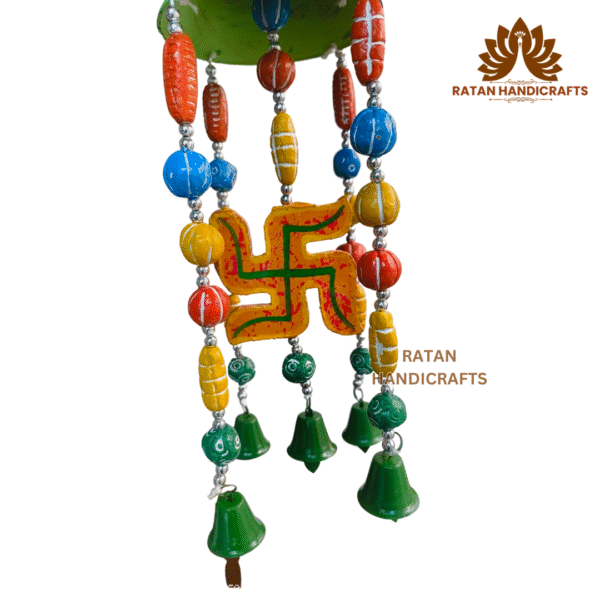 Wooden & Clay Swastik Bell Wind Chime, Crafts of Varanasi, Home Decor, Indian Wooden, Home Balcony Hanging Toran Door Hanging Bell Antique Best Handicrafts. - Image 5