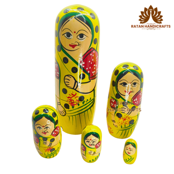 Handmade Indian Wooden Toys Nesting Doll Stacking Dolls Russian Matryoshka Doll Handicraft Items for Home Decor- Set of 5 Piece (Yellow) - Image 5