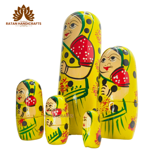 Handmade Indian Wooden Toys Nesting Doll Stacking Dolls Russian Matryoshka Doll Handicraft Items for Home Decor- Set of 5 Piece (Yellow) - Image 4