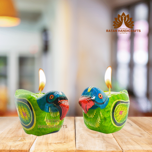 Ratan Handicrafts Wooden Tea Light Candle Holders Home Decorative Animals Shaped Diwali Diyas (Pack of 2) Bird  Green - Image 7