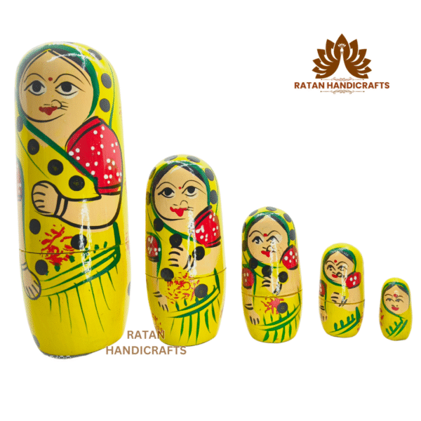 Handmade Indian Wooden Toys Nesting Doll Stacking Dolls Russian Matryoshka Doll Handicraft Items for Home Decor- Set of 5 Piece (Yellow) - Image 3