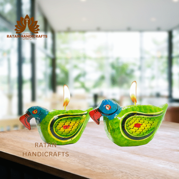 Ratan Handicrafts Wooden Tea Light Candle Holders Home Decorative Animals Shaped Diwali Diyas (Pack of 2) Bird  Green - Image 8