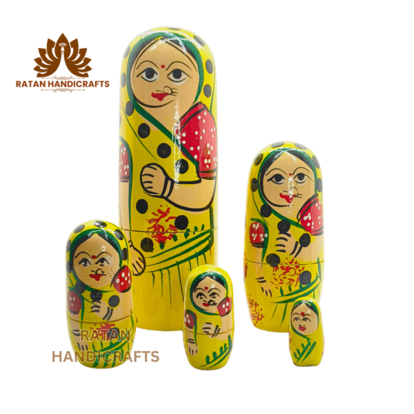 Handmade Indian Wooden Toys Nesting Doll Stacking Dolls Russian Matryoshka Doll Handicraft Items for Home Decor- Set of 5 Piece (Yellow) - Image 2