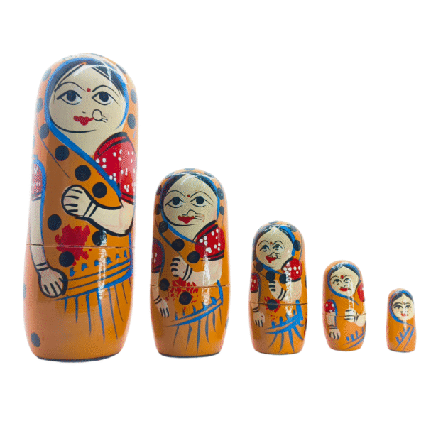 Handmade Indian Wooden Toys Nesting Doll Stacking Dolls Russian Matryoshka Doll Handicraft Items for Home Decor- Set of 5 Piece Orange