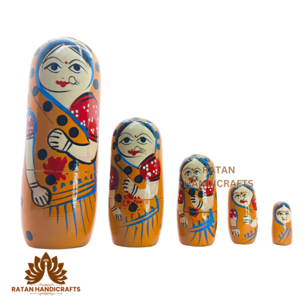 Handmade Indian Wooden Toys Nesting Doll Stacking Dolls Russian Matryoshka Doll Handicraft Items for Home Decor- Set of 5 Piece Orange - Image 2