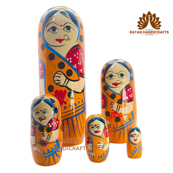 Handmade Indian Wooden Toys Nesting Doll Stacking Dolls Russian Matryoshka Doll Handicraft Items for Home Decor- Set of 5 Piece Orange - Image 3