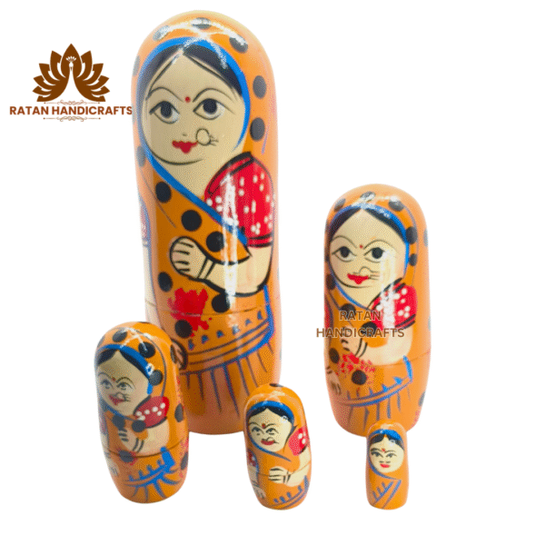 Handmade Indian Wooden Toys Nesting Doll Stacking Dolls Russian Matryoshka Doll Handicraft Items for Home Decor- Set of 5 Piece Orange - Image 4