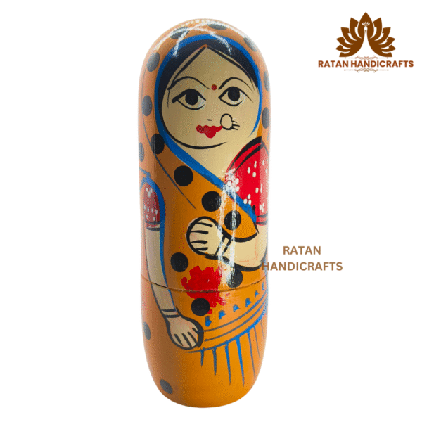 Handmade Indian Wooden Toys Nesting Doll Stacking Dolls Russian Matryoshka Doll Handicraft Items for Home Decor- Set of 5 Piece Orange - Image 5