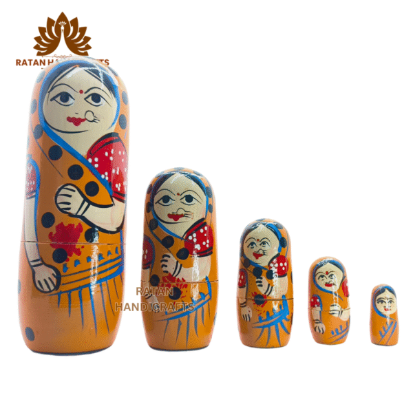 Handmade Indian Wooden Toys Nesting Doll Stacking Dolls Russian Matryoshka Doll Handicraft Items for Home Decor- Set of 5 Piece Orange - Image 6