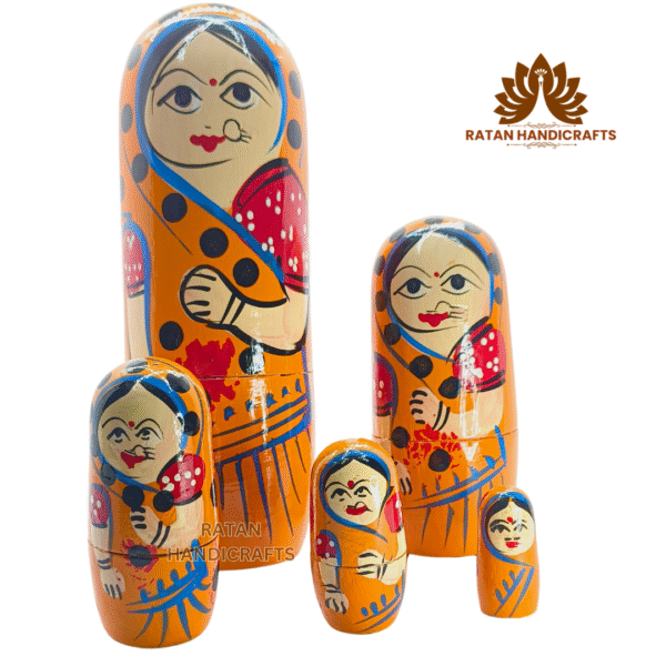 Handmade Indian Wooden Toys Nesting Doll Stacking Dolls Russian Matryoshka Doll Handicraft Items for Home Decor- Set of 5 Piece Orange - Image 7